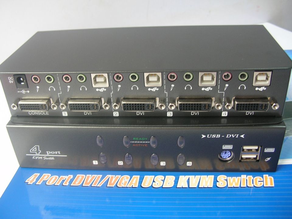 数字DVI-I切换器电脑键鼠USB+VGA+audio视频/音频同步切换KVM四进一出